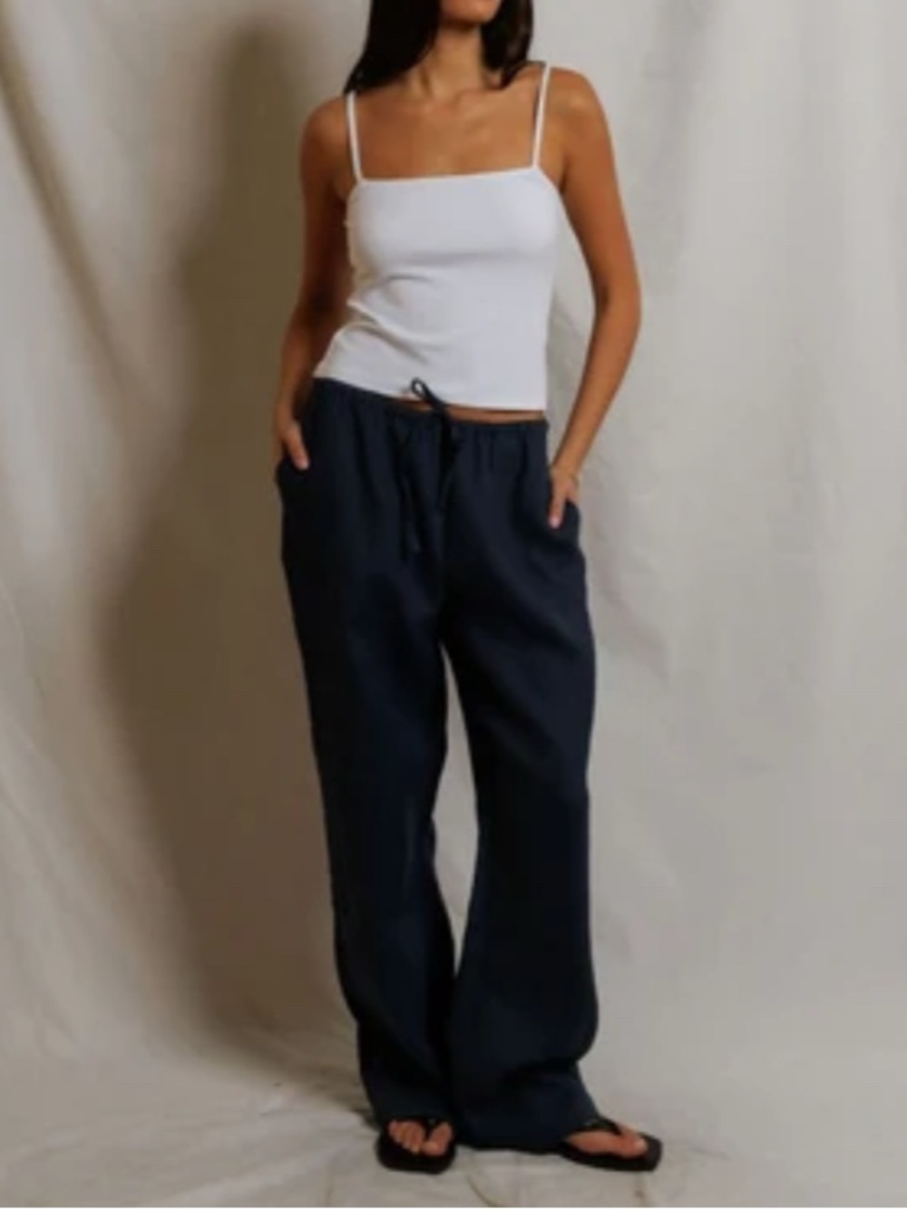 PerfectWhiteTee Lorana 100% Linen Drawstring Pants Women’s Sz Medium Navy Blue